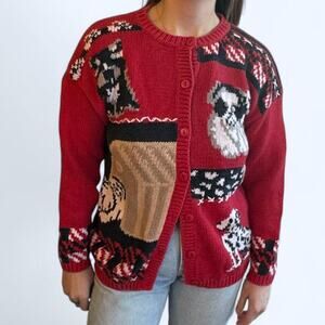 Red vintage 90s cotton blend button up dog cardigan sweater women's small